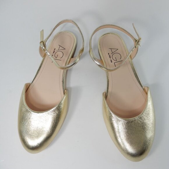 AGL Milly Ankle Strap Slingback Ballet Flats 37 7 Platino Gold Leather NEW $395 - Picture 5 of 14